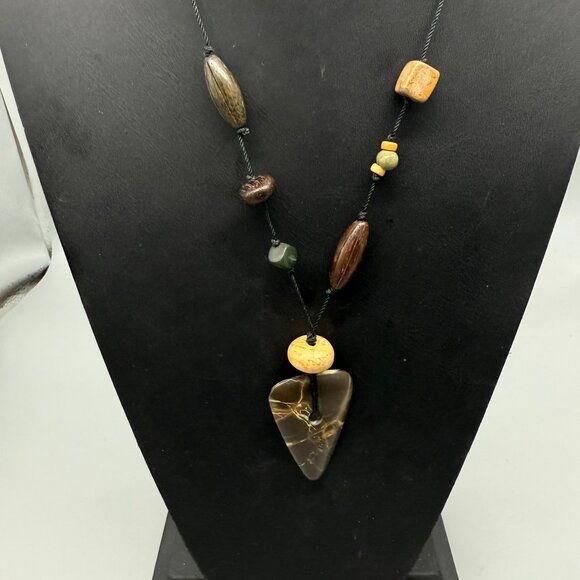 Green Brown Yellow Wooded Beads Stone Station Black Cord Y Drop Necklace Boho - Picture 3 of 4